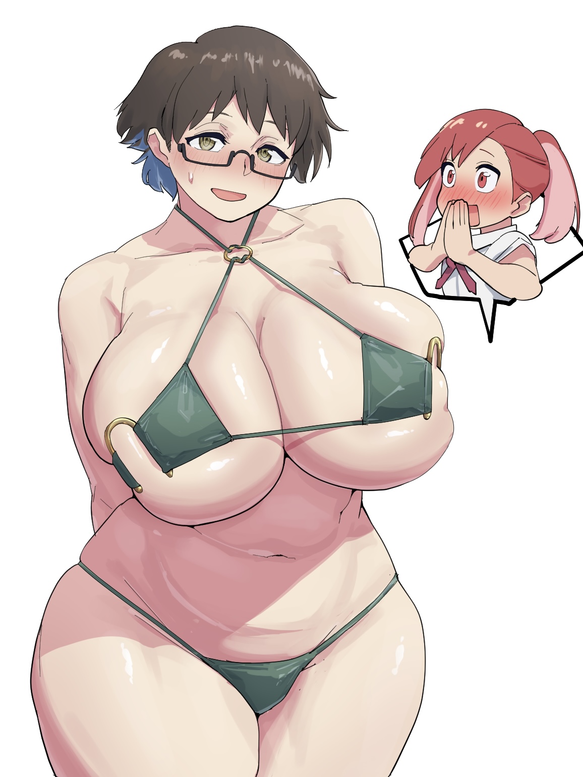 qaz shibashi, imari youko, seto shouko, ruri no houseki, commentary request, highres, 2girls, bikini, blush, breasts, brown eyes, brown hair, cleavage, curvy, florida bikini, glasses, green bikini, huge breasts, looking at viewer, multiple girls, navel, plump, red eyes, red hair, short hair, simple background, stomach, swimsuit, thick thighs, thighs, white background, wide hips