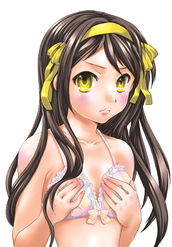 ubizo, suzumiya haruhi, suzumiya haruhi no yuuutsu, breast hold, 00s, 1girl, blush, bow, bow bra, bra, breasts, covering breasts, covering privates, female focus, lingerie, pink bra, solo, underwear, yellow eyes