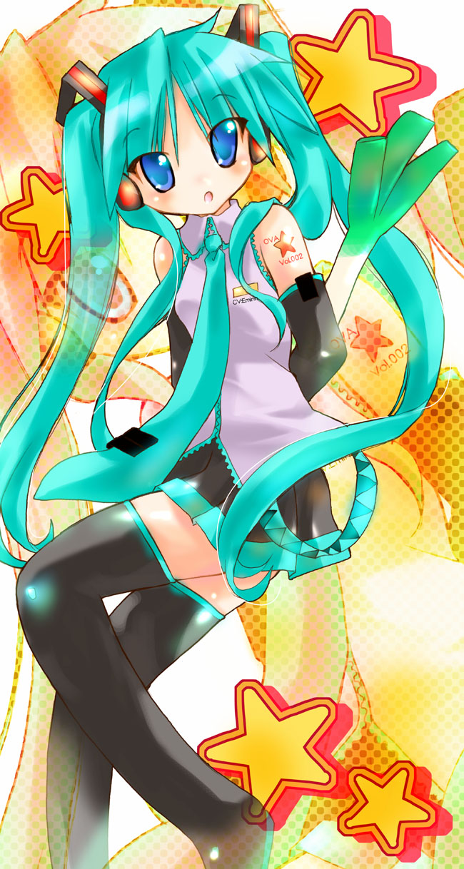 hatsune miku, hiiragi kagami, lucky star, vocaloid, highres, non-web source, 00s, 1girl, blue eyes, blush, cosplay, detached sleeves, female focus, green hair, hatsune miku (cosplay), headphones, long hair, looking at viewer, necktie, solo, spring onion, thighhighs, twintails, very long hair