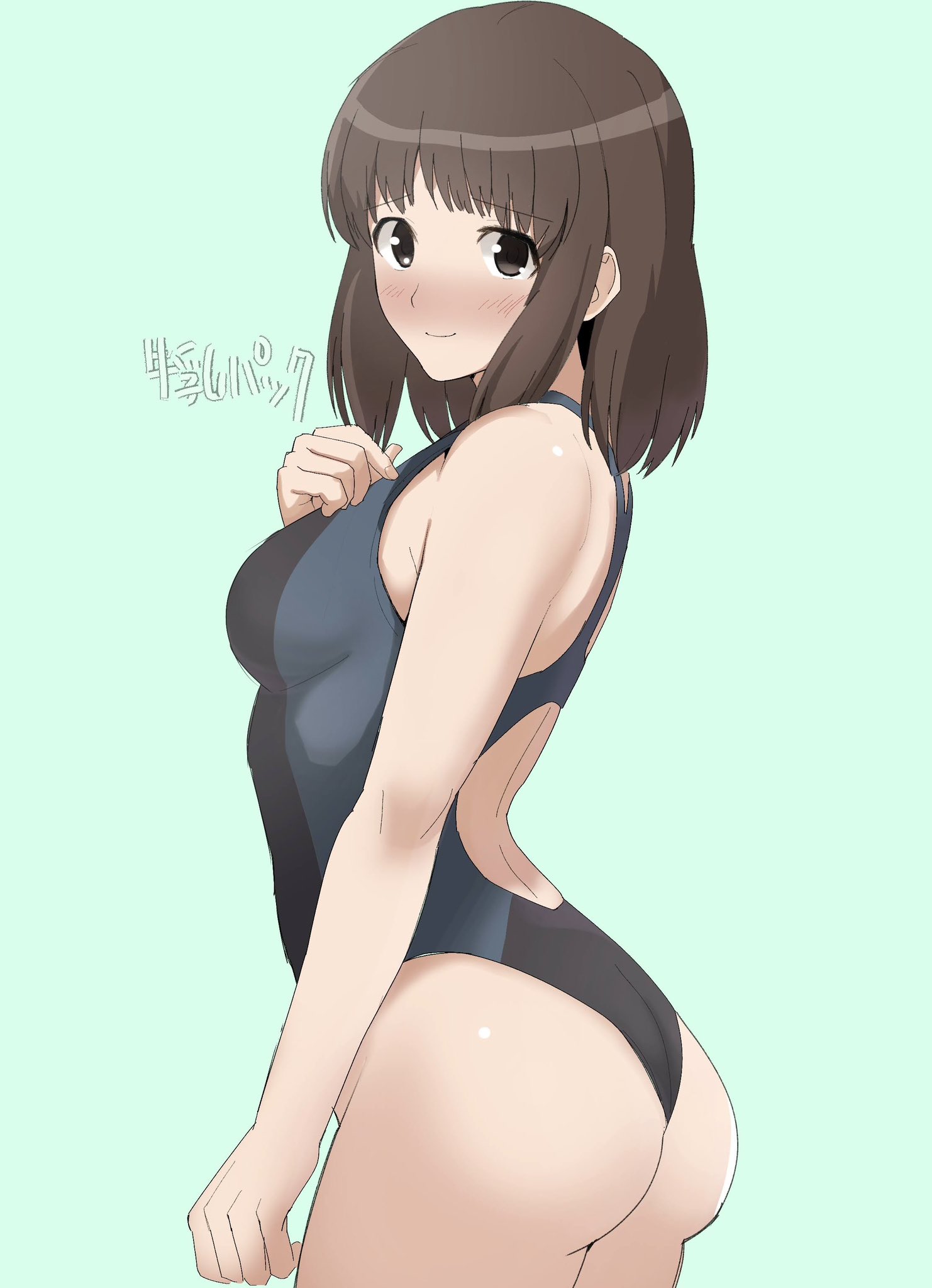 gyuunyuu pack (tanaka), tanaka keiko (amagami), amagami, highres, 1girl, ass, black one-piece swimsuit, blush, breasts, brown eyes, brown hair, competition swimsuit, covered navel, cowboy shot, green background, looking at viewer, medium breasts, medium hair, one-piece swimsuit, smile, solo, swimsuit, two-tone swimsuit