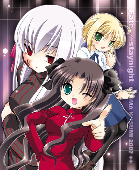 kusumi ranma, artoria pendragon (fate), dark sakura, matou sakura, saber (fate), tohsaka rin, fate/stay night, fate (series), 00s, 2boys, 2girls, blonde hair, brown hair, green eyes, multiple boys, multiple girls, pantyhose, red eyes, white hair