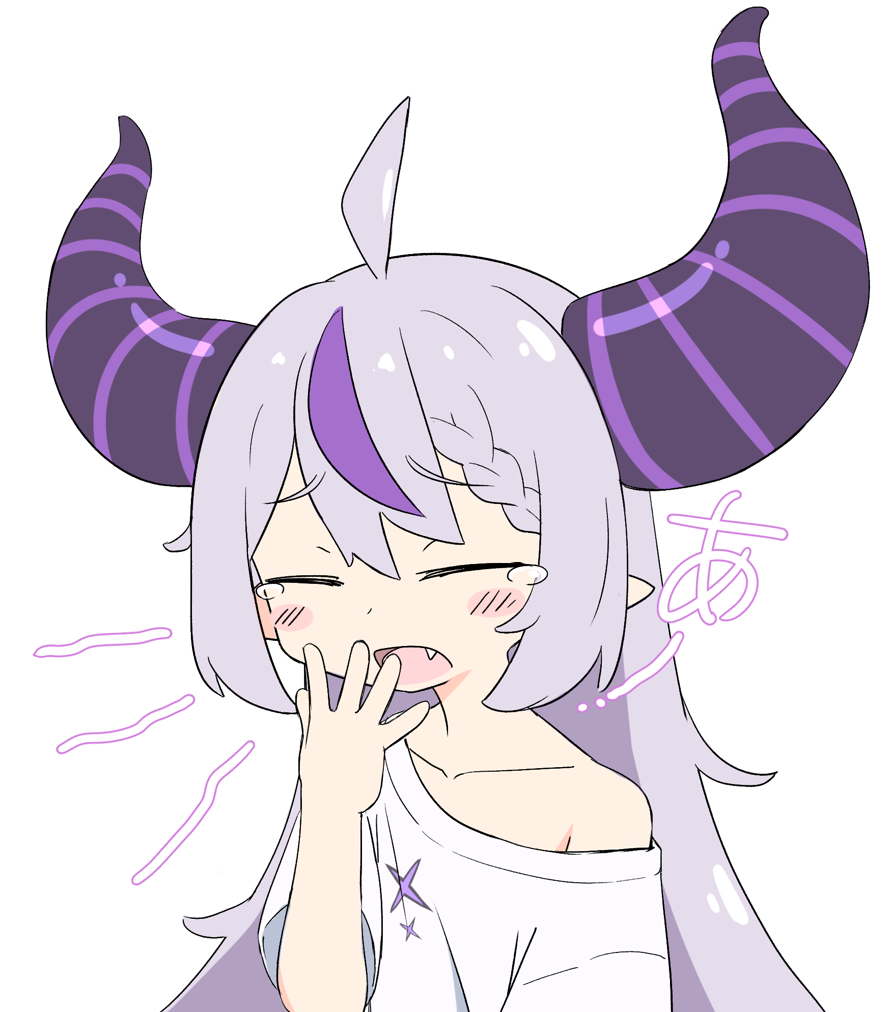 keven (ewdx3754), la+ darknesss, hololive, commentary request, highres, 1girl, ahoge, blush stickers, braid, braided bangs, closed eyes, fang, grey hair, hand up, horns, long hair, multicolored hair, off shoulder, open mouth, oversized clothes, oversized shirt, pointy ears, purple hair, shirt, short sleeves, sleepy, solo, streaked hair, t-shirt, tearing up, virtual youtuber, yawning