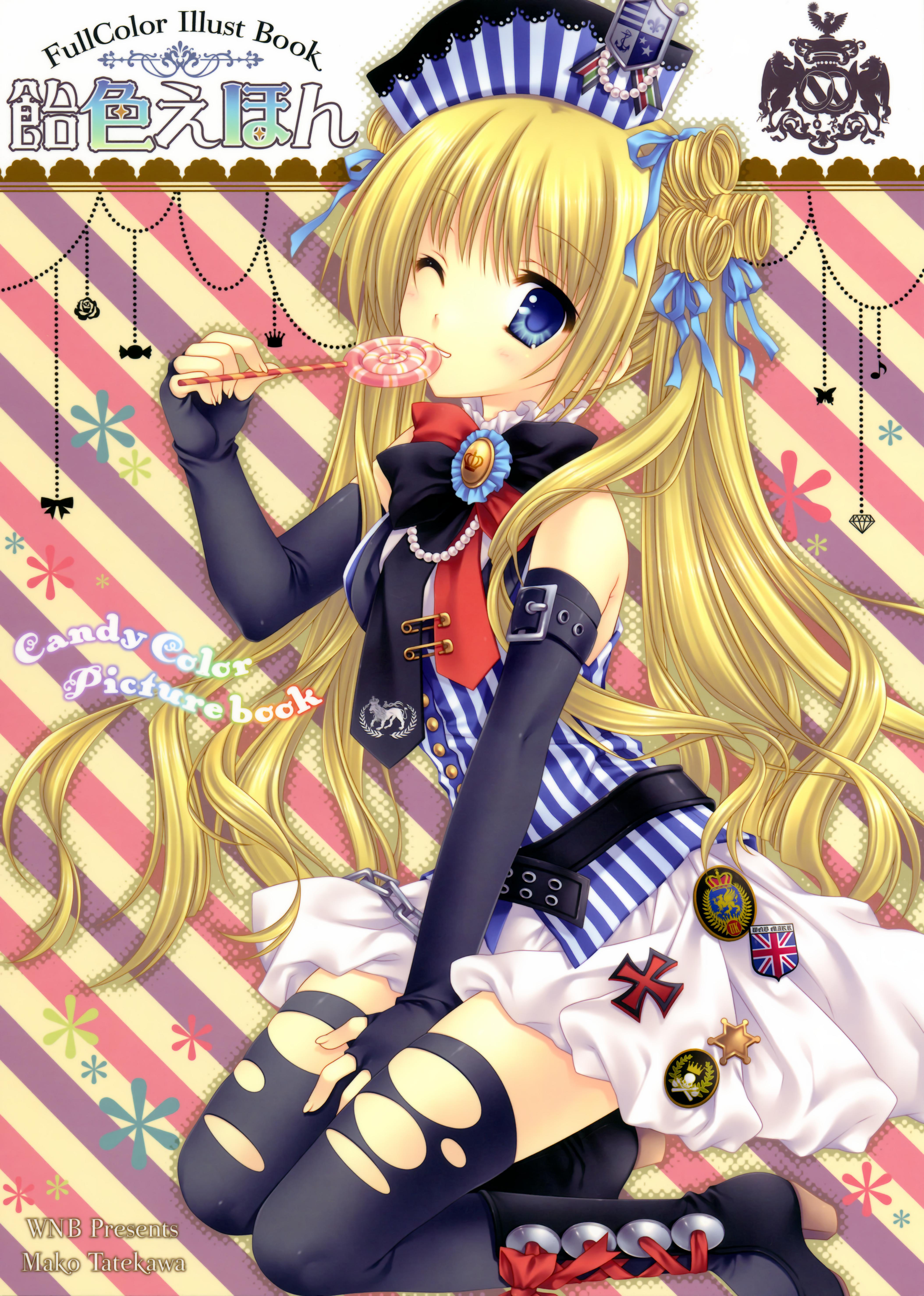 tatekawa mako, wnb mark, original, absurdres, highres, 1girl, blonde hair, blue eyes, candy, female focus, food, hair ribbon, lollipop, ribbon, solo, swirl lollipop, thighhighs, twintails
