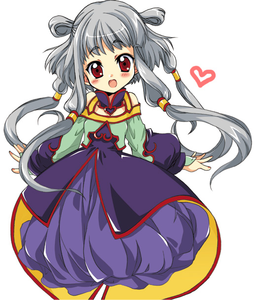 izumi rei, tianzi, code geass, silver hair, 00s, 1girl, :d, blush, cowboy shot, dress, female focus, hair tubes, heart, long sleeves, looking at viewer, open mouth, purple dress, smile, solo, tareme, twintails