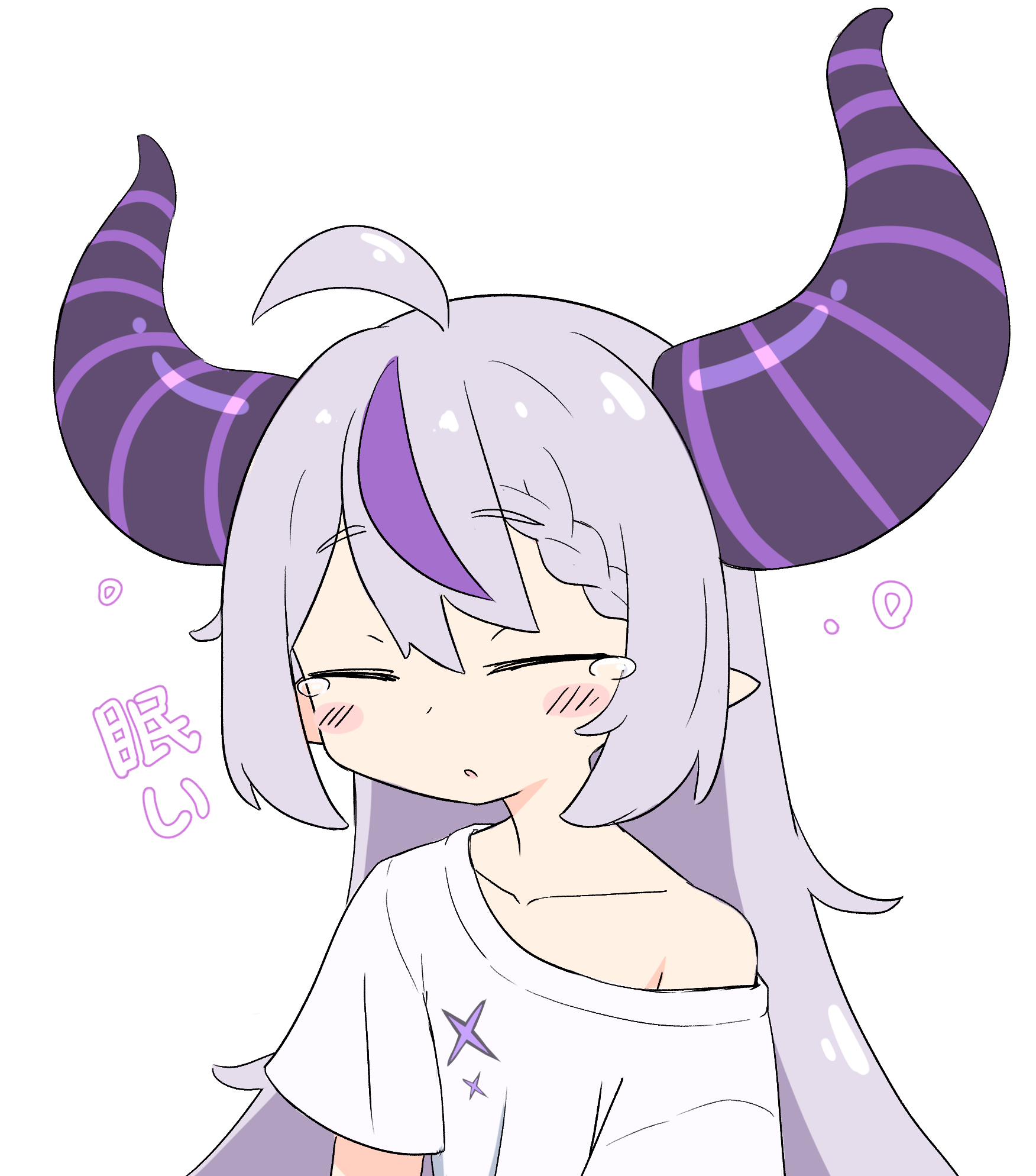 keven (ewdx3754), la+ darknesss, hololive, commentary request, highres, translation request, 1girl, ahoge, blush stickers, braid, braided bangs, closed eyes, grey hair, hand up, horns, long hair, multicolored hair, off shoulder, oversized clothes, oversized shirt, parted lips, pointy ears, purple hair, shirt, short sleeves, solo, squeans, streaked hair, t-shirt, tearing up, virtual youtuber