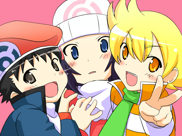iinano (inanosuke), barry (pokemon), dawn (pokemon), lucas (pokemon), nintendo, pokemon, pokemon adventures, bad id, bad pixiv id, 1girl, 2boys, beanie, beret, hat, multiple boys, v