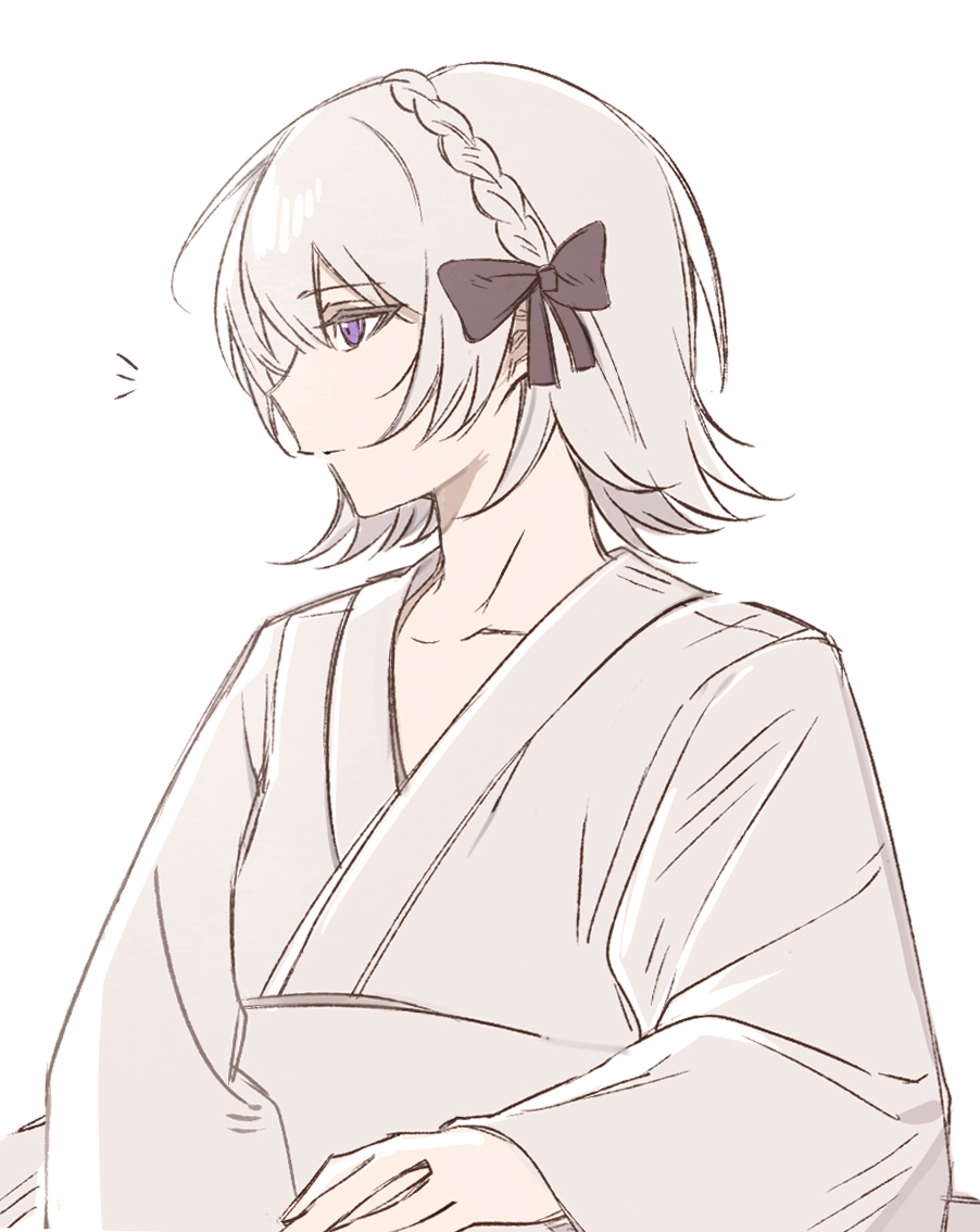 mahou shoujo no majo saiban, chinese commentary, commentary request, spoilers, 1girl, black bow, bow, braid, closed mouth, grey hair, hair bow, heihuamu1, japanese clothes, kimono, kurobe nanoka's sister, profile, purple eyes, simple background, solo, upper body, white background, white kimono