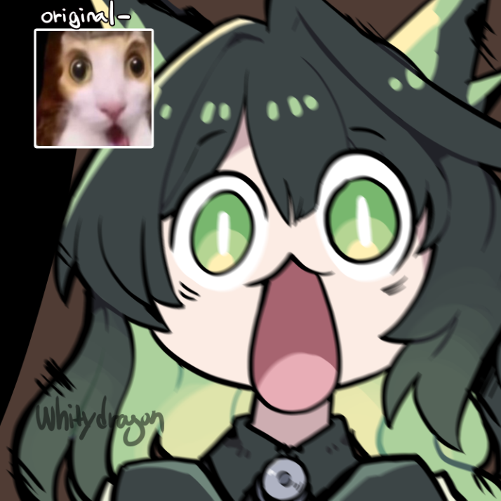 whitydragon, mon3tr (arknights), arknights, photo-referenced, 1girl, :3, black hair, blurry, bright pupils, colored inner hair, detached collar, green eyes, green hair, long hair, multicolored hair, open mouth, photo inset, portrait, reference inset, solo, stethoscope, surprised, two-tone hair, white pupils, wide-eyed