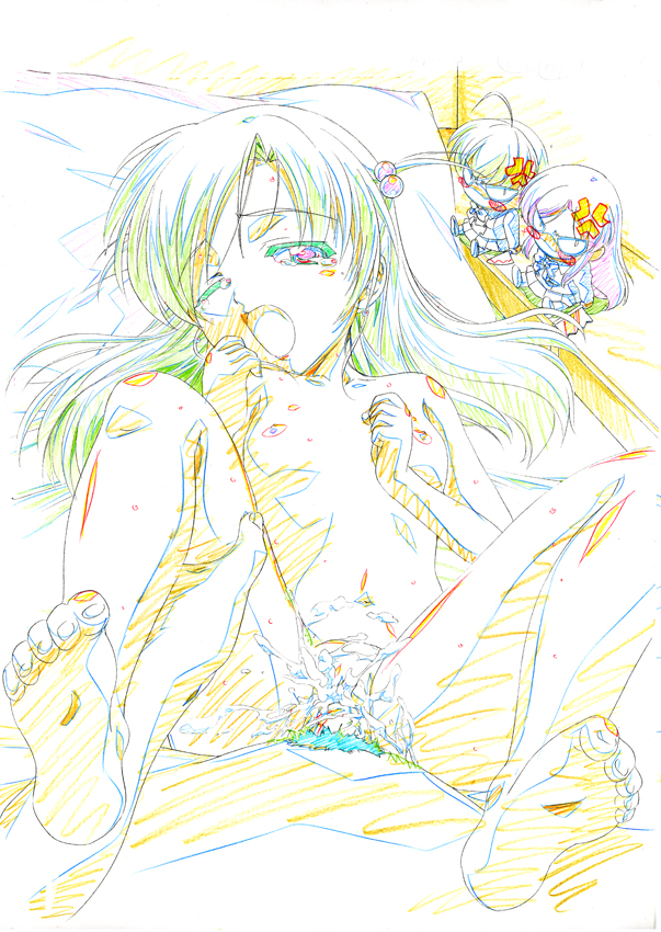 makaizou, katsura kokoro, katsura kotonoha, saionji sekai, school days, bad id, traditional media, 00s, 1girl, barefoot, bed, chibi, clothed male nude female, cum, cum in pussy, flat chest, loli, long hair, nipples, nude, one eye closed, pillow, sex, tears, vaginal, wince, wink