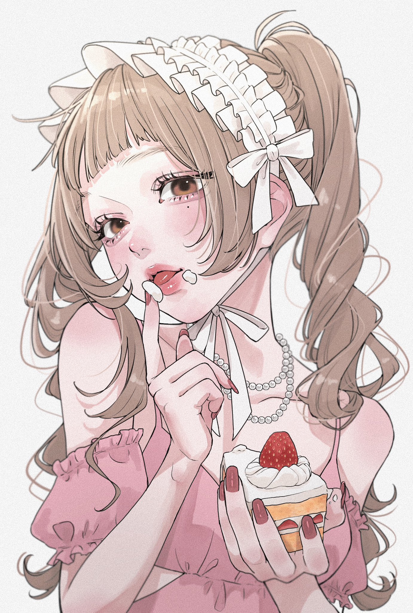 tamori (tamori www), original, highres, 1girl, aegyo sal, blonde hair, blurry, brown eyes, cake, cream, cream on face, cream on finger, depth of field, detached sleeves, dress, eyelashes, film grain, fingernails, food, food on face, hair over shoulder, hat, hat ribbon, holding, holding cake, holding food, jewelry, licking, licking finger, long fingernails, long hair, modeling, mole, mole under eye, nail polish, necklace, pearl necklace, pink dress, puffy detached sleeves, puffy short sleeves, puffy sleeves, red nails, ribbon, short bangs, short sleeves, strawberry cake, tongue, tongue out, twintails, upper body, wavy hair, white headdress