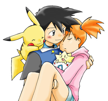 ash ketchum, misty (pokemon), pikachu, togepi, nintendo, pokemon, pokemon (anime), lowres, 1boy, 1girl, black hair, blush, carrying, closed eyes, couple, gen 1 pokemon, gen 2 pokemon, hetero, hood, hoodie, indoors, no headwear, orange hair, pokemon (creature), princess carry, shorts, side ponytail, simple background, sleeping, smile, white background