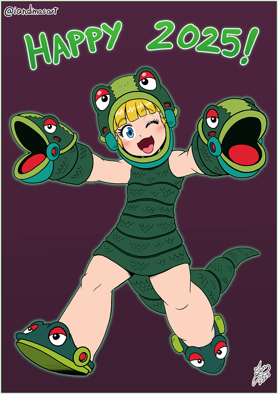 roll (mega man), snake man, mega man (classic), mega man 3, 1girl, 2025, blonde hair, blue eyes, cosplay, full body, happy new year, looking at viewer, new year, one eye closed, open mouth, robot girl, wink