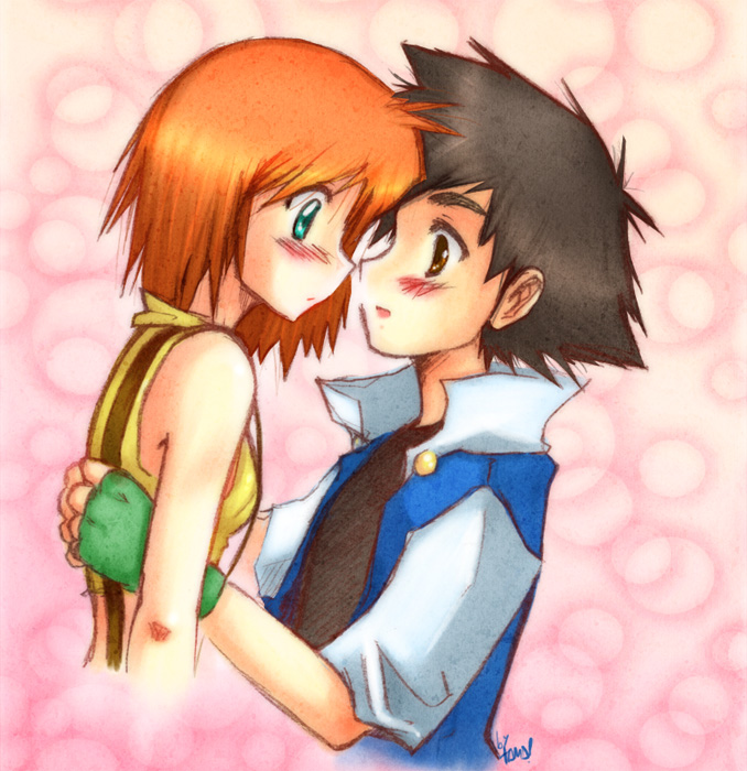 ash ketchum, misty (pokemon), nintendo, pokemon, pokemon (anime), pokemon (classic anime), artist request, traditional media, 1boy, 1girl, alternate hairstyle, blue eyes, blush, child, couple, hetero, hug, no headwear, orange hair, short hair, suspenders