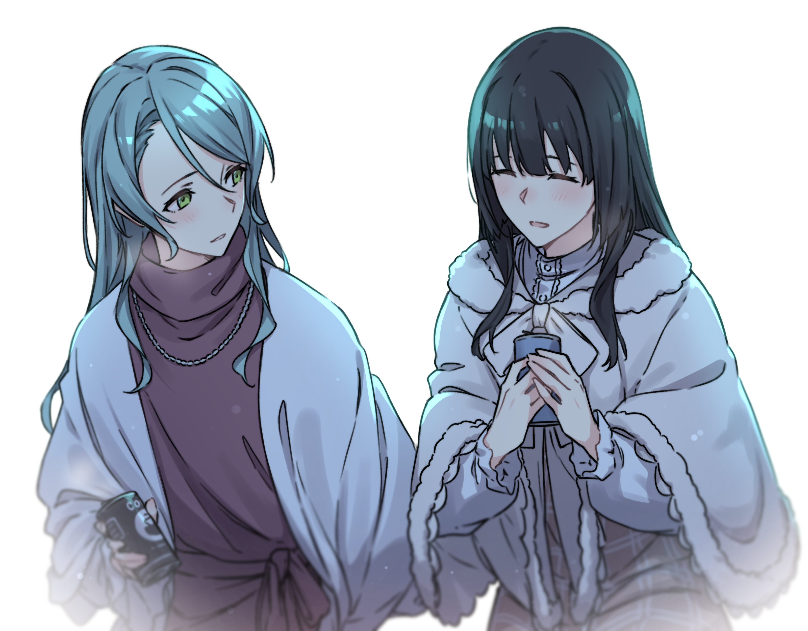 kanade (kanade 3344), hikawa sayo, shirokane rinko, bang dream!, absurdres, commentary request, highres, 2girls, aqua hair, black hair, blush, can, canned coffee, closed eyes, drink can, green hair, hair between eyes, holding, holding can, jewelry, long hair, long sleeves, multiple girls, necklace, open mouth, red sweater, shirt, simple background, sweater, white background, white shirt