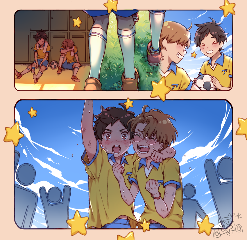 andressina, jinnai enta, yasaka kazuki, sarazanmai, commentary, > <, 2boys, arm around shoulder, arm up, ball, blue shorts, blue sky, blush, bottle, bracelet, brown hair, brown shoes, grin, holding, holding ball, jewelry, male focus, multiple boys, multiple views, round eyewear, shirt, shoes, short sleeves, shorts, sitting, sky, smile, soccer ball, socks, star (symbol), towel, towel around neck, water bottle, yellow shirt