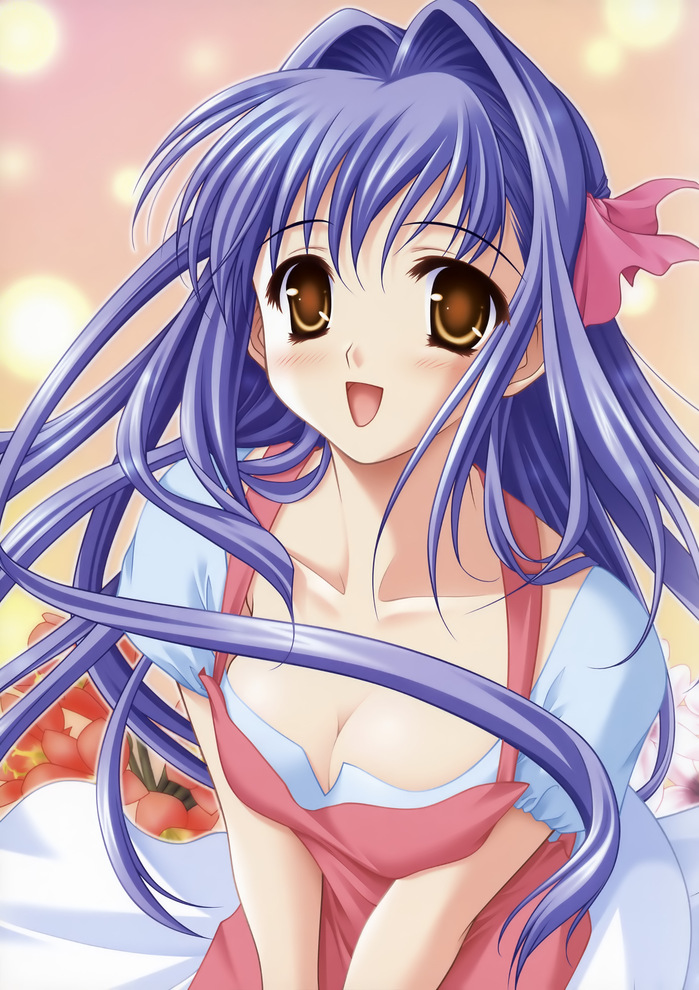 masaharu, shirase ui, floralia, floralia+, ui-chan no niizuma diary, ui chan no niiduma diary, xuse, absurdres, highres, 1girl, blue hair, blush, bow, breasts, brown eyes, cleavage, cowboy shot, female focus, gradient background, hair intakes, half updo, happy, large breasts, long hair, open mouth, outline, pink background, pink bow, purple hair, ribbon, smile, solo, very long hair, white outline, yellow background