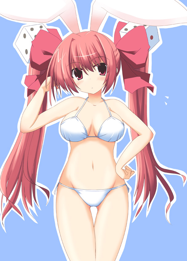 kugui kiyunemu, usada hikaru, di gi charat, 1girl, animal ears, bikini, breasts, cleavage, dice, female focus, hair ornament, hair ribbon, medium breasts, rabbit ears, red eyes, red hair, ribbon, solo, swimsuit, twintails, white bikini