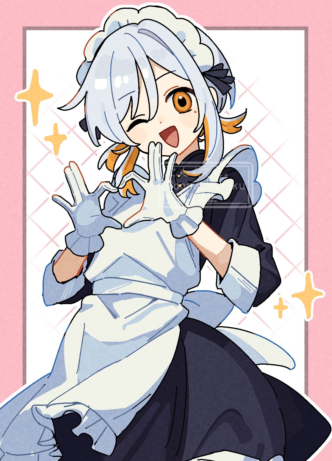 corn kuten, character request, commentary request, copyright request, highres, 1girl, ;d, apron, black dress, blush stickers, border, cowboy shot, dress, four-finger heart hands, frilled apron, frills, gloves, grey hair, heart, heart hands, long sleeves, looking at viewer, maid, maid headdress, multicolored hair, one eye closed, open mouth, orange hair, outside border, pink border, short hair, smile, solo, sparkle, two-tone hair, watermark, white apron, white background, white gloves