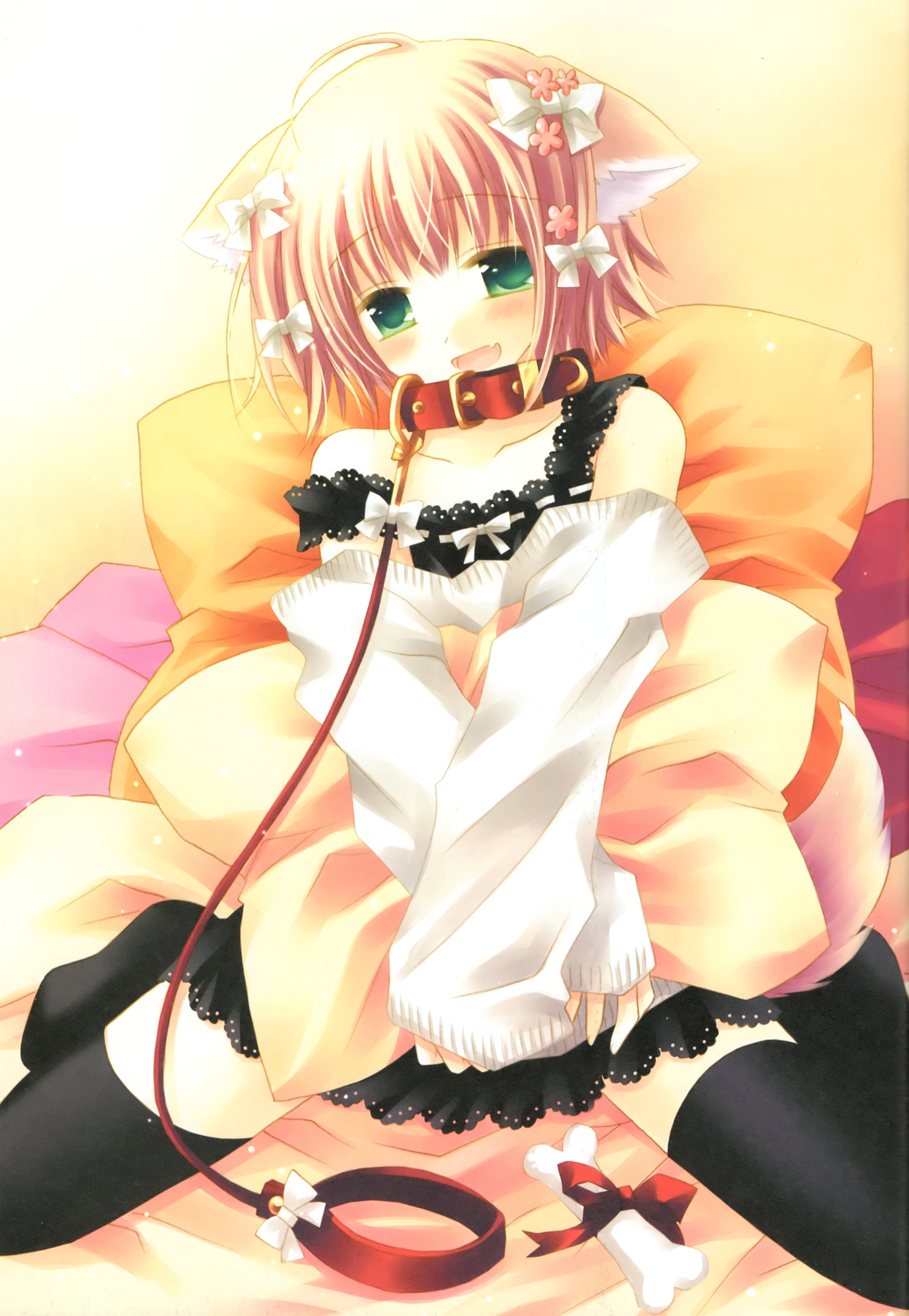 sakurazawa izumi, absurdres, highres, 1girl, animal ears, bed, black thighhighs, blush, bone, bow, collar, dog ears, fang, female focus, green eyes, hair ornament, hairclip, japanese clothes, leash, miko, pillow, pink hair, ribbon, slave, solo, strap slip, sweater, thighhighs, zettai ryouiki