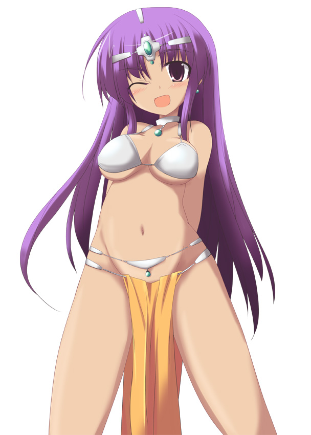 kugui kiyunemu, manya (dq4), chunsoft, dragon quest, dragon quest iv, enix, 1girl, breasts, circlet, cleavage, dark-skinned female, dark skin, female focus, loincloth, one eye closed, open mouth, pelvic curtain, purple eyes, purple hair, solo, wink