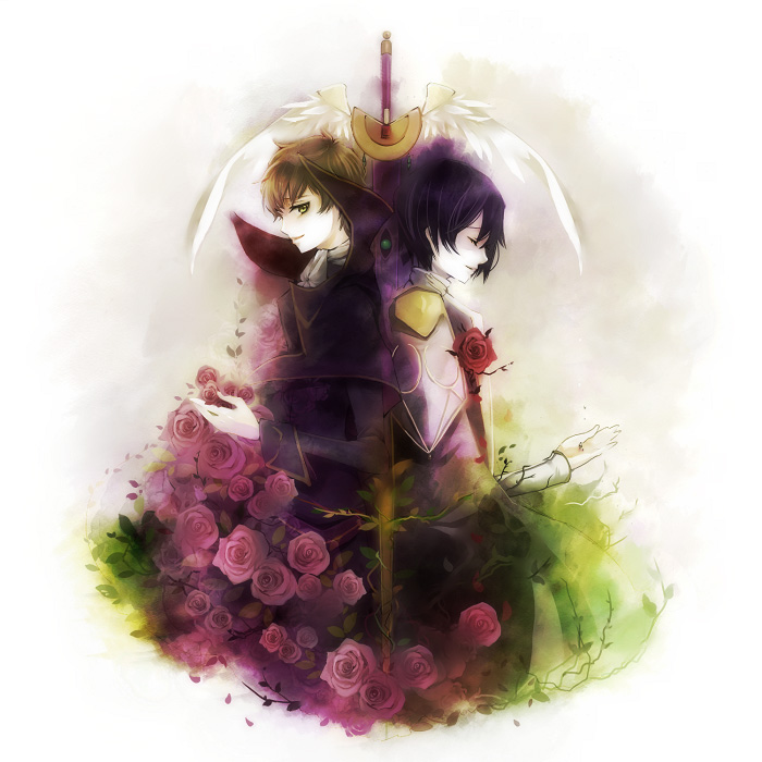 yu-kichi, yuukichi, kururugi suzaku, lelouch vi britannia, code geass, 00s, 2boys, brown hair, feathers, flower, gradient background, male focus, multiple boys, plant, red flower, red rose, rose, smile, sword, weapon, white background, wings