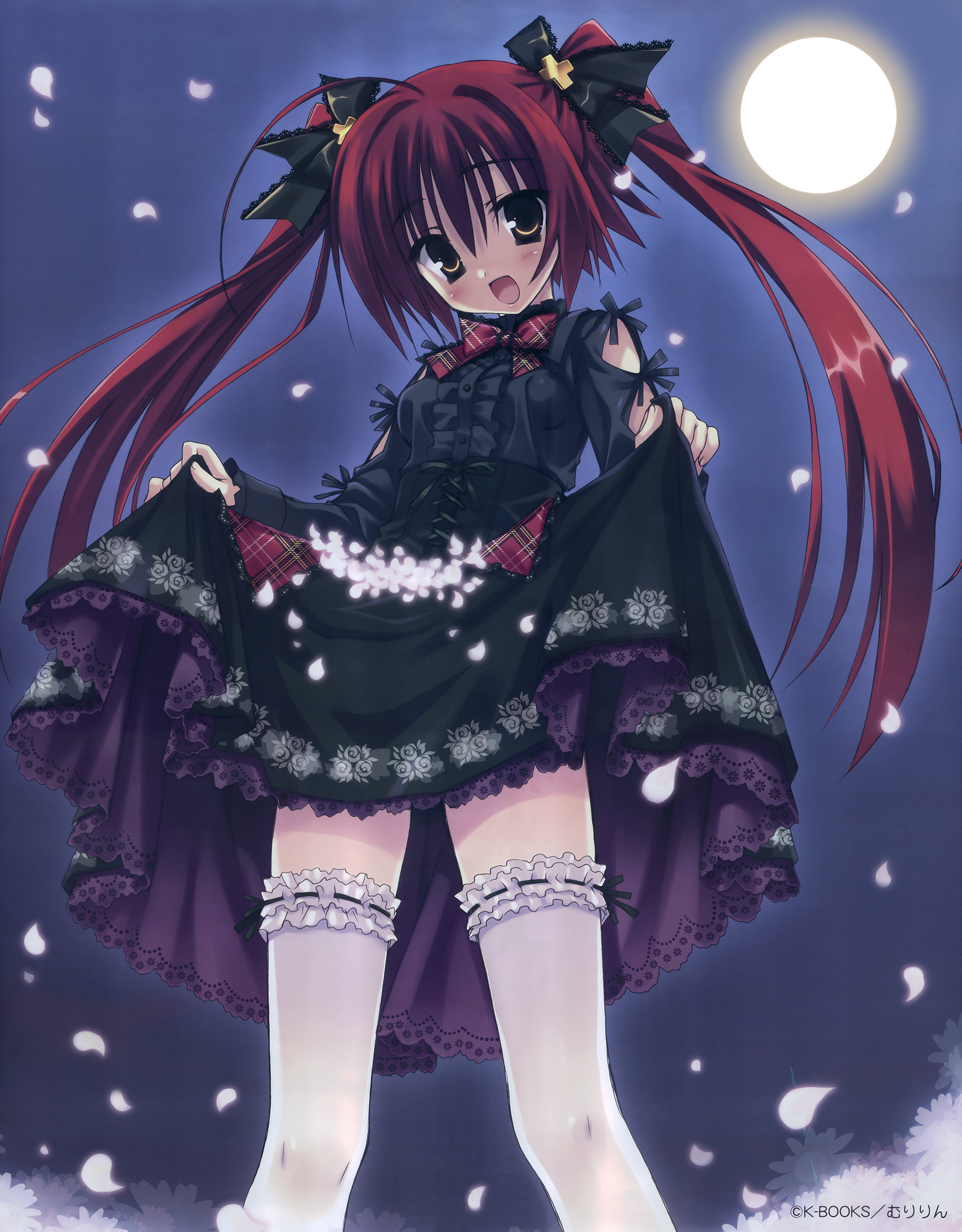 kobuichi, muririn, bunches, absurdres, duplicate, highres, scan, source request, 1girl, bow, brown eyes, center frills, dress, female focus, frilled thighhighs, frills, full moon, goth fashion, gothic lolita, hair ribbon, lifting own clothes, lolita fashion, looking at viewer, moon, night, open mouth, orange eyes, petals, petticoat, red eyes, red hair, ribbon, skirt basket, skirt hold, smile, solo, thighhighs, twintails, yellow eyes