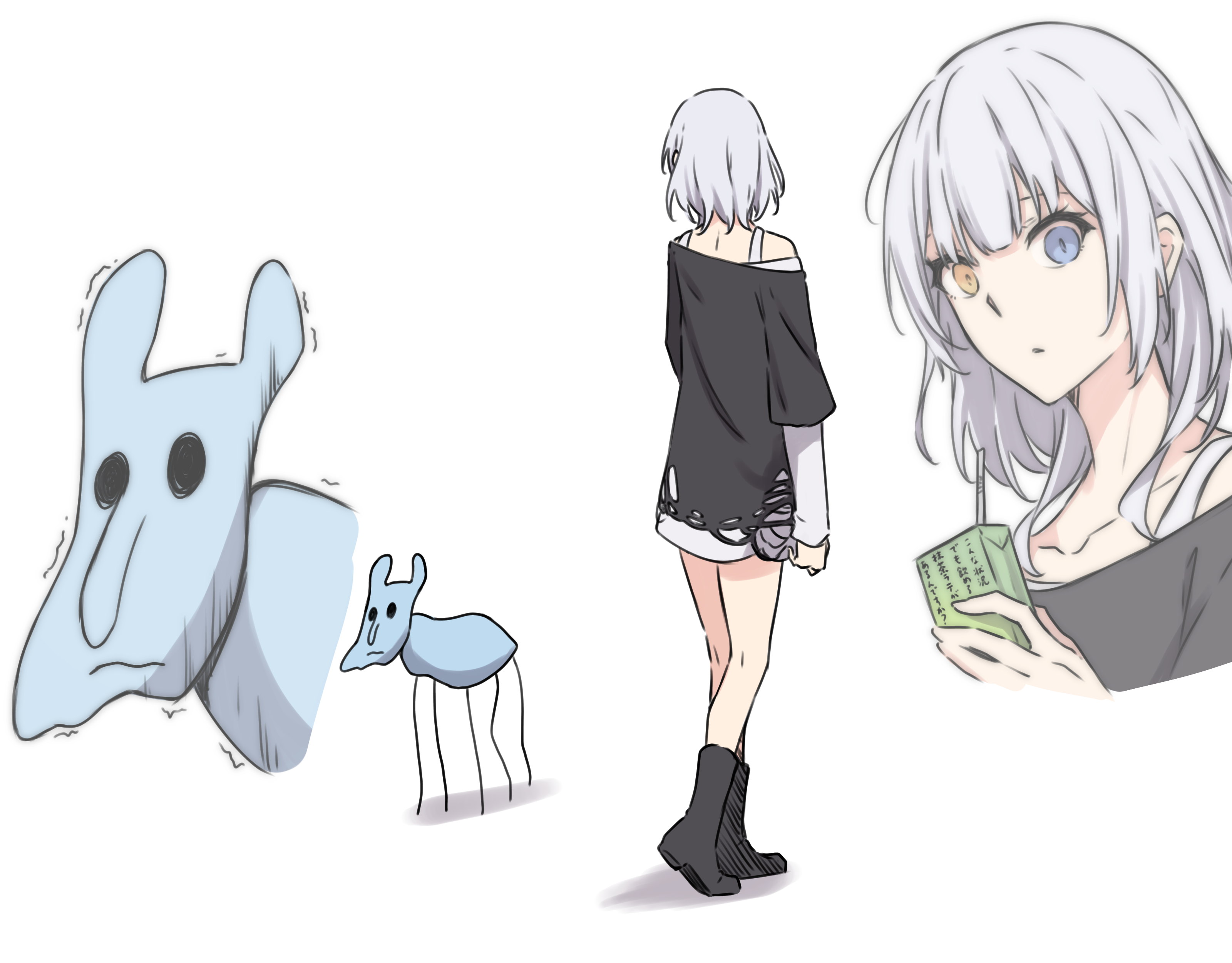 kanade (kanade 3344), kaname raana, bang dream!, bang dream! it's mygo!!!!!, absurdres, commentary request, highres, translation request, 1girl, black boots, black shirt, blue eyes, boots, creature, drinking straw, full body, heterochromia, holding carton, jennifer (bang dream!), layered sleeves, long sleeves, medium hair, multiple views, shirt, short over long sleeves, short sleeves, simple background, white background, white hair, white shirt, yellow eyes
