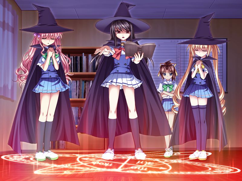 4girls, book, hat, magic circle, multiple girls, runes, spell, witch, witch hat