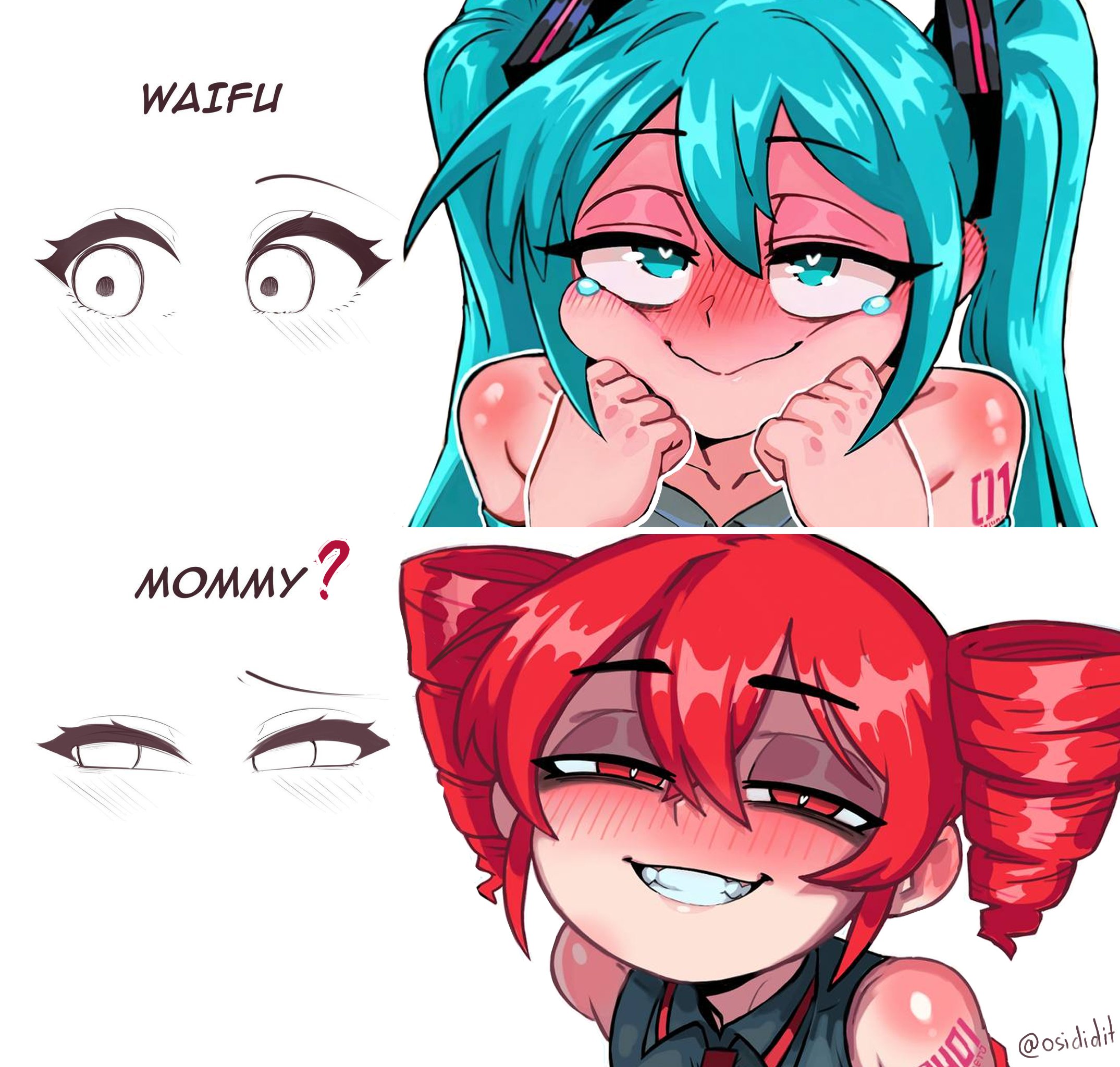 osidid, hatsune miku, kasane teto, kasane teto (utau), utau, vocaloid, highres, 2girls, aqua eyes, aqua hair, bare shoulders, cheek squash, collared shirt, drill hair, grey shirt, hair between eyes, half-closed eyes, meme, multiple girls, naughty face, red eyes, red hair, shirt, simple background, sleeveless, sleeveless shirt, smile, tears, twin drills, twintails, waifu or mommy (meme), white background
