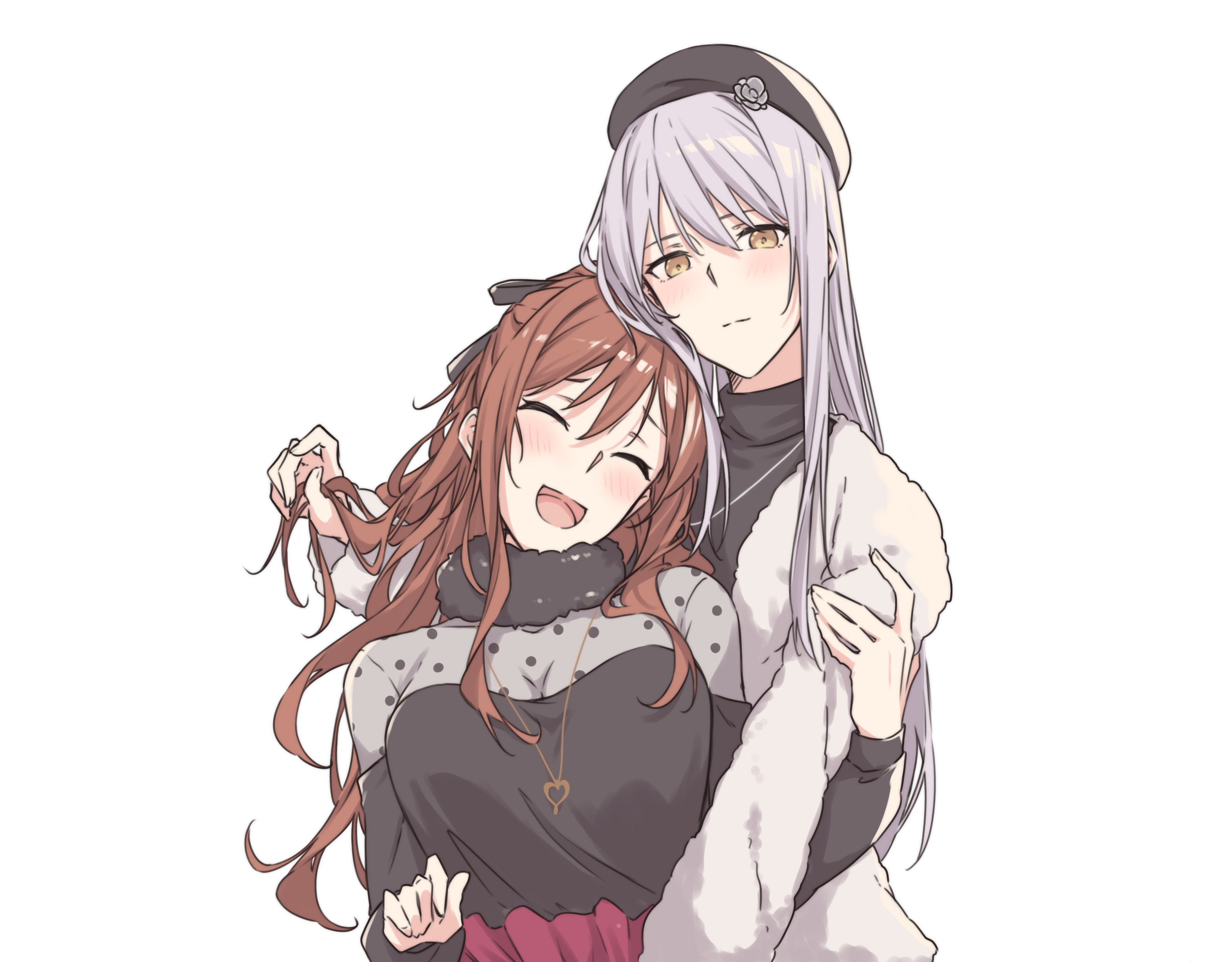kanade (kanade 3344), imai lisa, minato yukina, bang dream!, absurdres, commentary request, highres, 2girls, ^ ^, beret, black hat, black shirt, blush, brown eyes, brown hair, closed eyes, couple, grey hair, hair between eyes, hat, holding another's hair, jacket, jewelry, long hair, multiple girls, necklace, open mouth, see-through silhouette, shirt, sidelocks, simple background, white background, white jacket, yuri