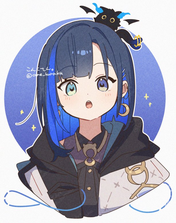 corn kuten, adversarial noise, commentary request, 1girl, :d, black hoodie, blue background, blue eyes, blue hair, blush, border, collared shirt, crescent, crescent earrings, cropped torso, earrings, heterochromia, hood, hood down, hoodie, jewelry, long hair, looking at viewer, mochizuki hoguno, multicolored hair, open clothes, open hoodie, open mouth, outline, outside border, purple eyes, purple shirt, round border, shirt, smile, solo, two-tone hair, uniraid, virtual youtuber, watermark, watermark grid, white outline