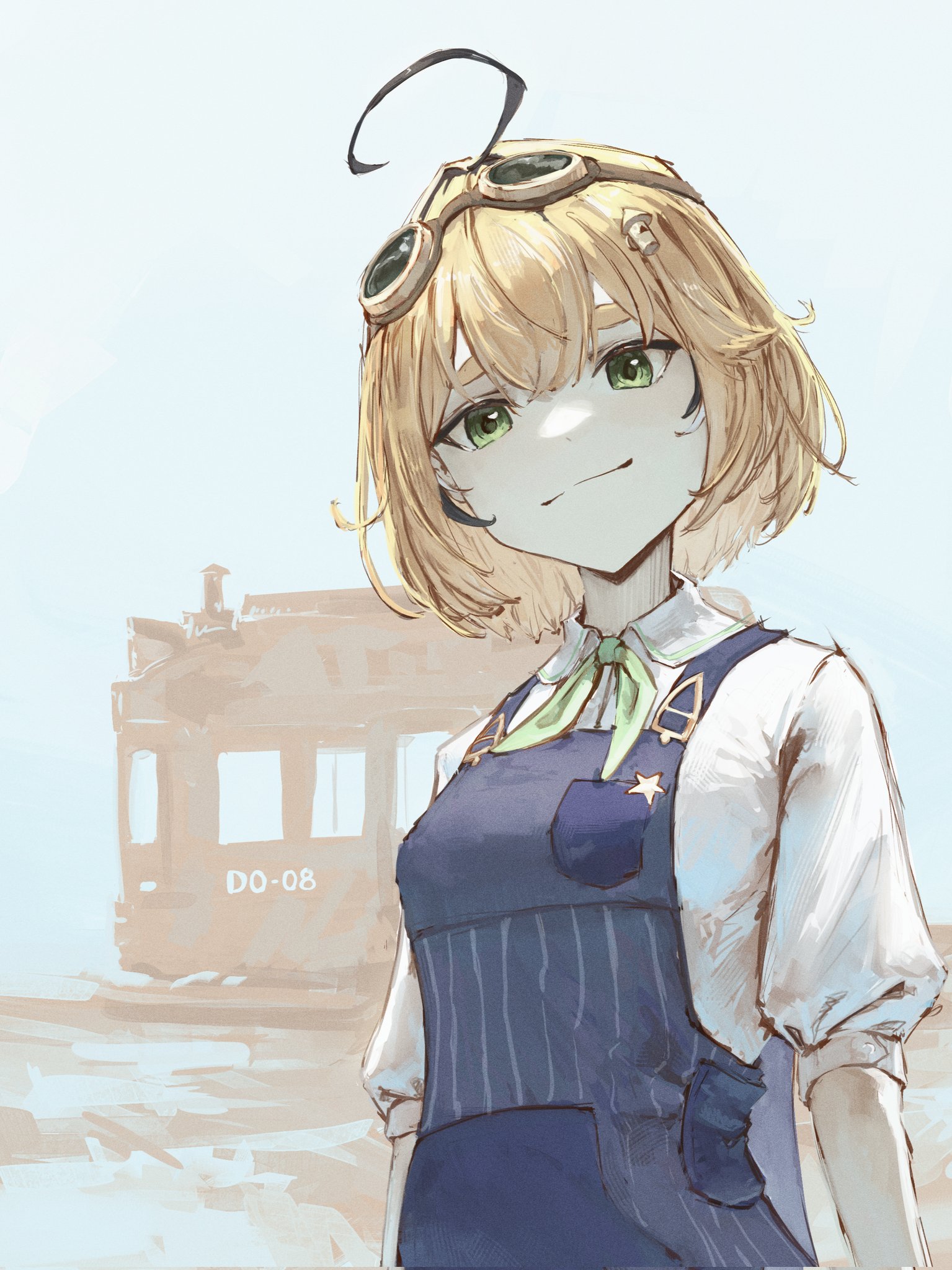 tablicoart, dooby, dooby (1st costume), indie virtual youtuber, highres, 1girl, ahoge, black streaks, blonde hair, blue overalls, bow, bowtie, goggles, goggles on head, green bow, green bowtie, green eyes, hair between eyes, light smile, looking at viewer, medium hair, multicolored hair, overalls, parted bangs, shirt, short hair, solo, star (symbol), thick eyebrows, train, vertical-striped overalls, virtual youtuber, white background, white shirt, white streaks