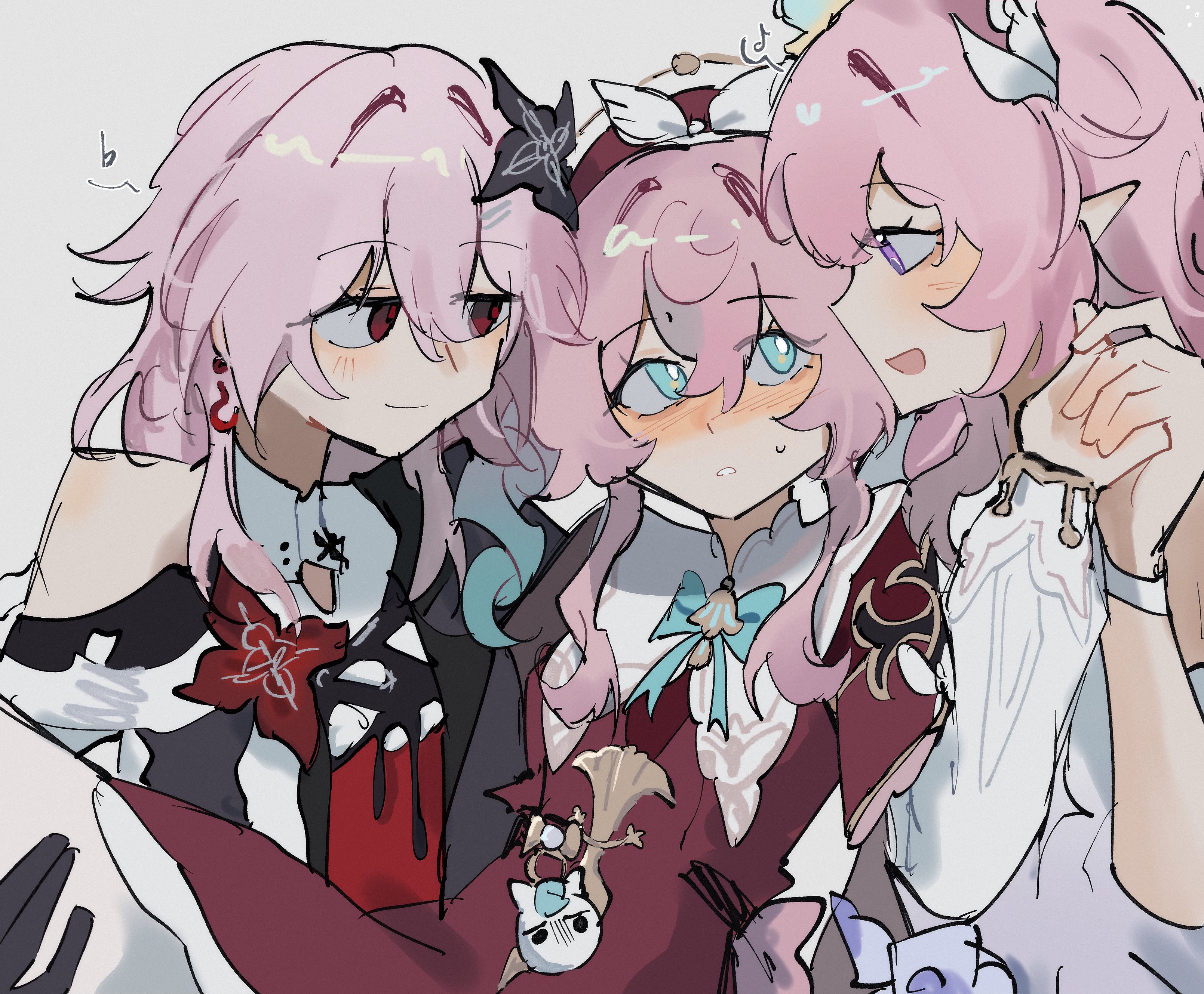cyrene (honkai: star rail), cyrene (ripples of past reverie) (honkai: star rail), evernight (honkai: star rail), hyacine (honkai: star rail), march 7th (honkai: star rail), honkai: star rail, honkai (series), absurdres, highres, 3girls, :d, aqua bow, bare shoulders, black dress, blush, bow, dress, drill hair, earrings, flower, gradient hair, green eyes, hair between eyes, hair ornament, hat ornament, holding hands, jewelry, long sleeves, multicolored hair, multiple girls, nsuntens, open mouth, parted lips, pink hair, pointy ears, purple eyes, red eyes, red flower, single earring, smile, white dress, yuri