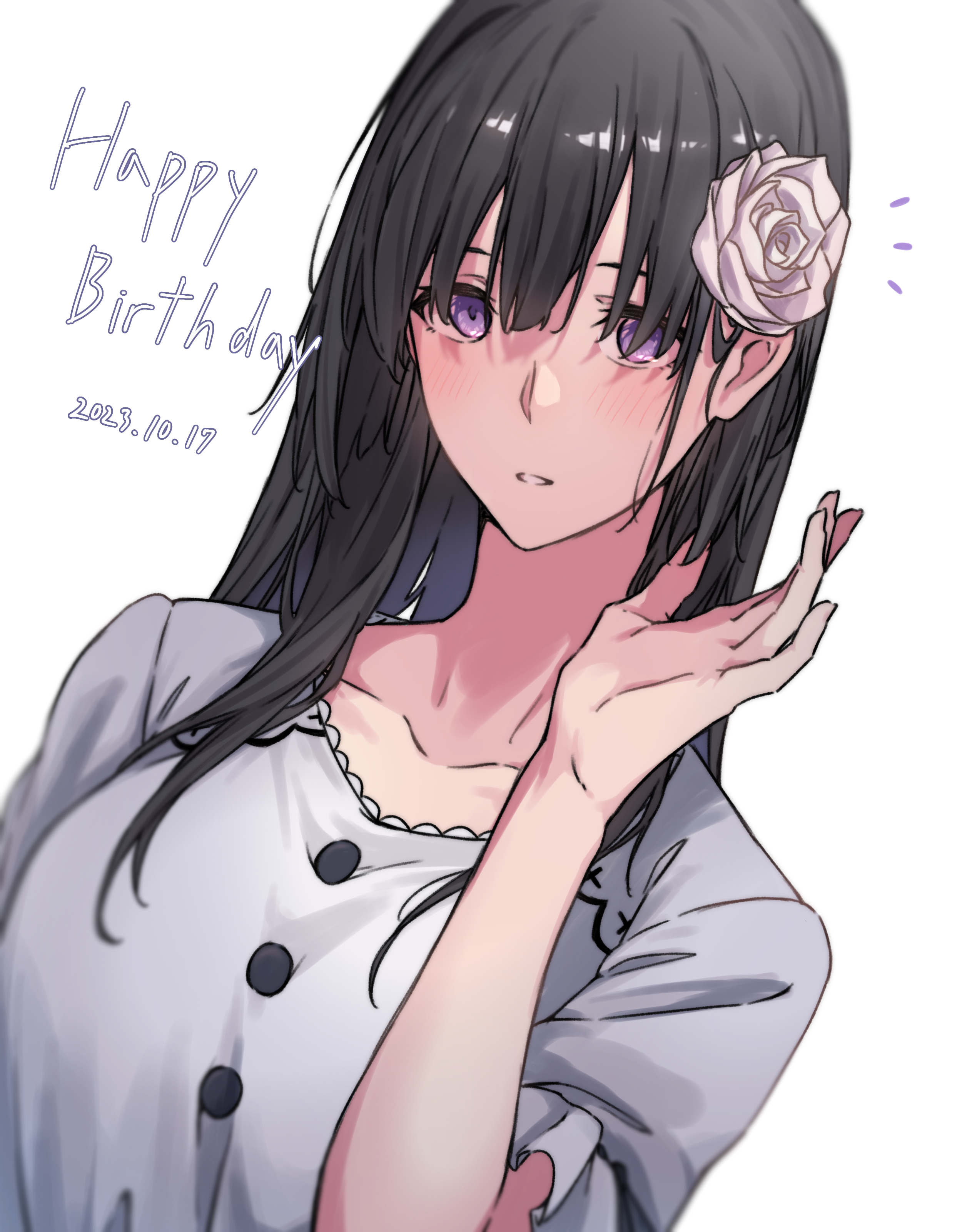 kanade (kanade 3344), shirokane rinko, bang dream!, absurdres, commentary request, highres, 1girl, black hair, blush, breasts, choppy bangs, collarbone, dated, flower, hair flower, hair ornament, happy birthday, large breasts, open mouth, purple eyes, shirt, short sleeves, simple background, solo, upper body, white background, white flower, white shirt