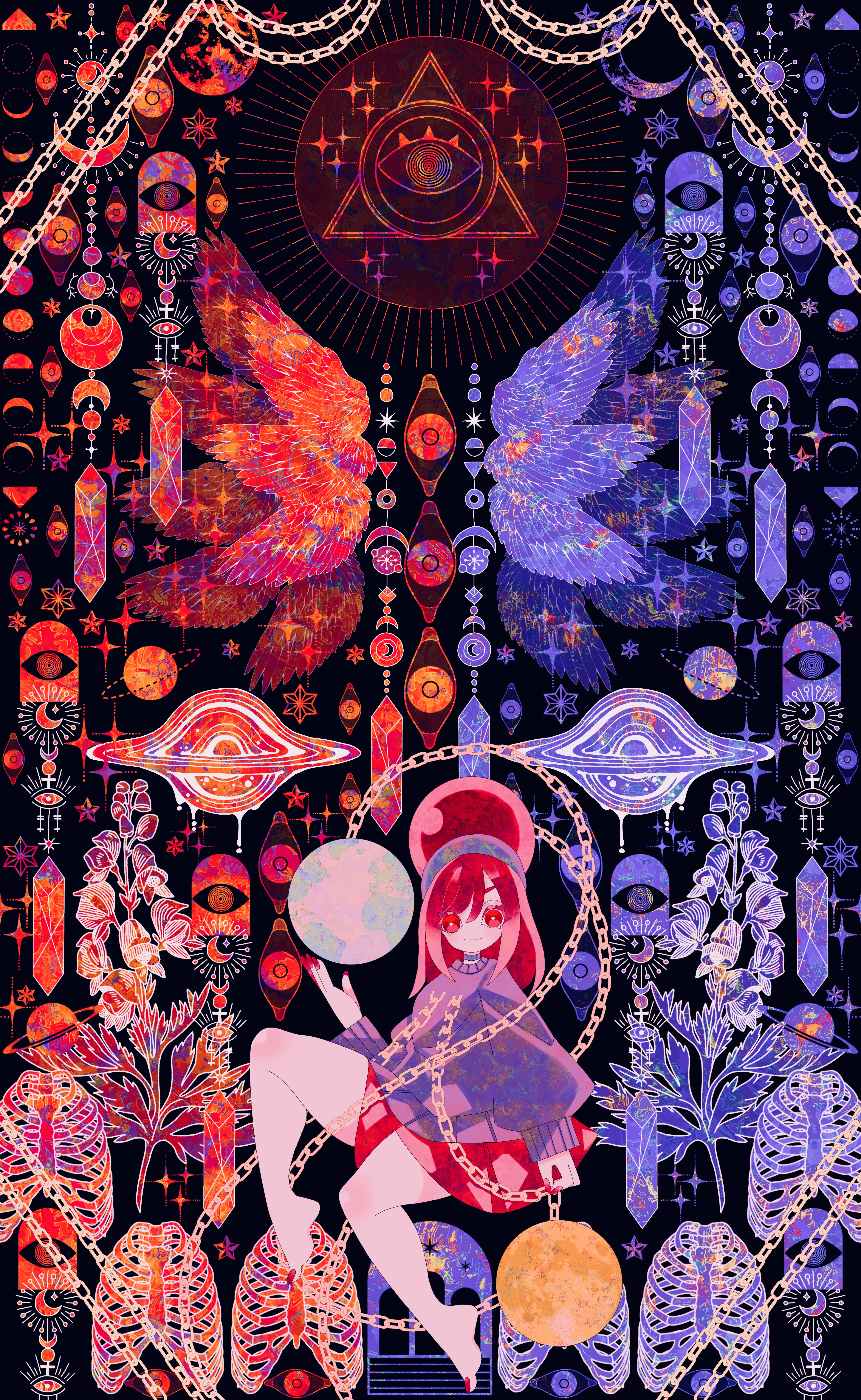 boku (isizakitakasi), hecatia lapislazuli, touhou, absurdres, highres, 1girl, bare legs, barefoot, black hole, bright pupils, chain, disembodied eye, dripping, leaf, long hair, long sleeves, looking at viewer, moon phases, planetary ring, plant, purple sweater, red eyes, red hair, red nails, red skirt, ribs, skirt, solo, sparkle, sweater, white pupils, wide shot