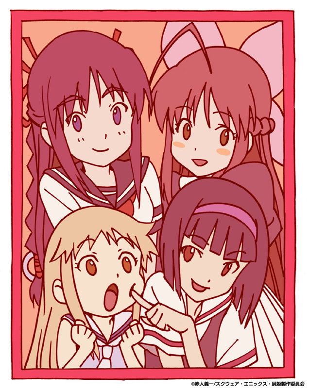 amase saki, hoshimura makina, too'oka akira, touoka akira, yamagami itsuki, shikabane hime, 4girls, bob cut, border, gainaxtop, multiple girls, open mouth, poking, red border