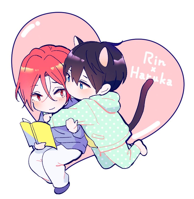 matsuoka rin, nanase haruka (free!), free!, commentary request, 2boys, animal ears, black hair, blue eyes, blush, book, cat ears, cat tail, character name, chibi, chibi only, full body, hair between eyes, holding, holding book, hood, hoodie, hug, male focus, multiple boys, pants, polka dot, polka dot hoodie, polka dot pants, purple shoes, red eyes, red hair, shaaark rotta03, shoes, short hair, simple background, sitting, smile, tail, white background, white pants, yaoi