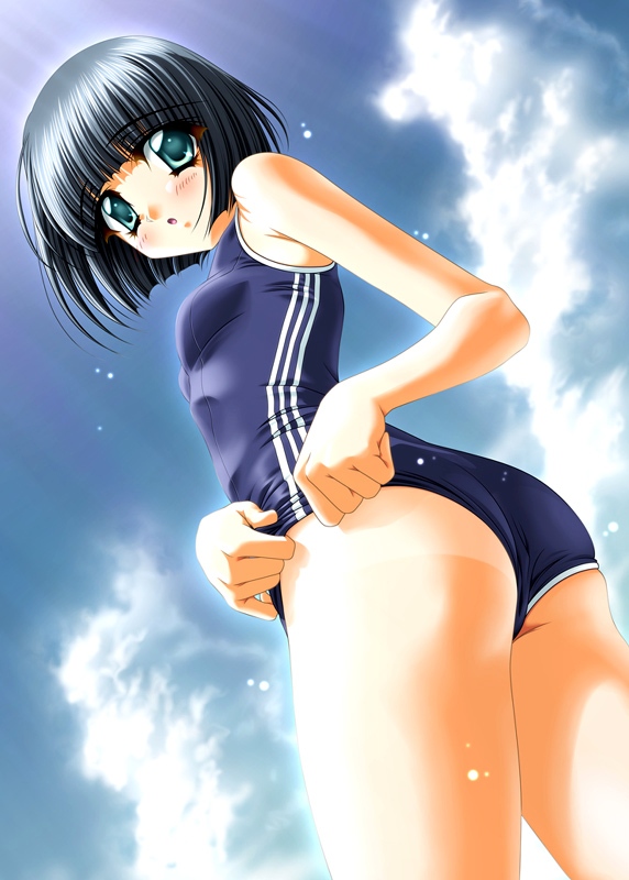 amakawa akito, 1girl, adjusting, adjusting clothes, adjusting swimsuit, aqua eyes, black hair, blush, cloud, day, double vertical stripe, female focus, from below, looking at viewer, looking down, one-piece swimsuit, one-piece tan, school swimsuit, short hair, sky, solo, swimsuit, tan, tanline