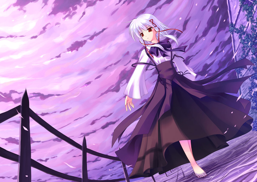 yuku (kiollion), morimiya aono, mediaworks, sola, 00s, 1girl, barefoot, cloud, dress, dutch angle, female focus, fence, hair ribbon, purple sky, red eyes, ribbon, sky, solo, wading, water, white hair