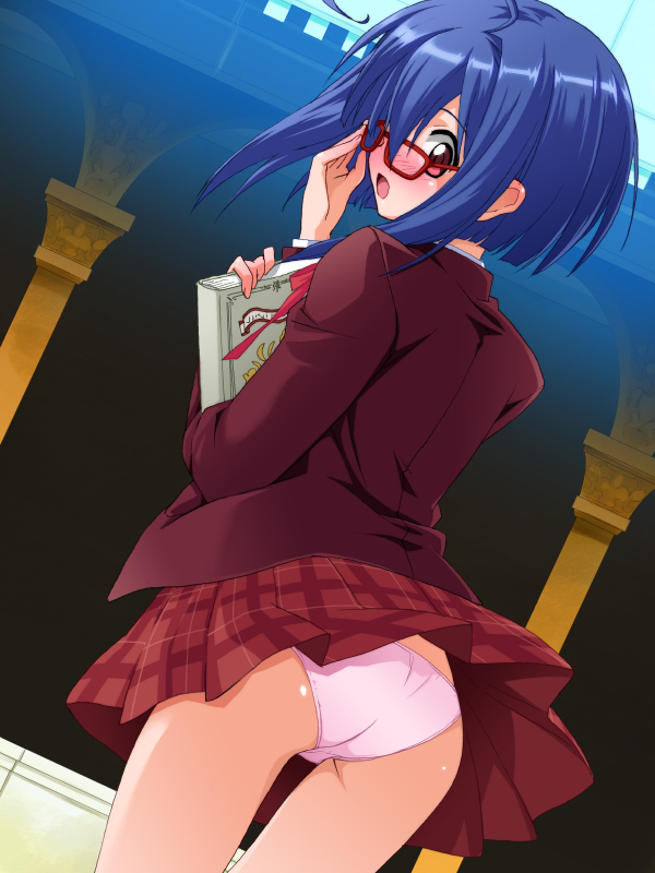 saipaco, miyazaki nodoka, mahou sensei negima!, 00s, 1girl, ahoge, ass, bare legs, blue hair, blush, book, embarrassed, female focus, glasses, hair over one eye, holding, holding book, jacket, looking at viewer, looking back, one eye covered, open mouth, panties, pantyshot, pink panties, pleated skirt, red eyes, ribbon, school uniform, short hair, skirt, skirt flip, solo, surprised, underwear, upskirt, wind