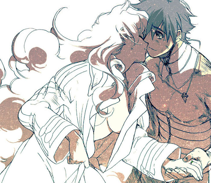 kanke (yonkuma), nia teppelin, simon (ttgl), tengen toppa gurren lagann, 00s, 1boy, 1girl, coat, core drill, couple, drill, hetero, holding hands, imminent kiss, jewelry, long hair, naked coat, necklace, ring, short hair, trench coat, very long hair