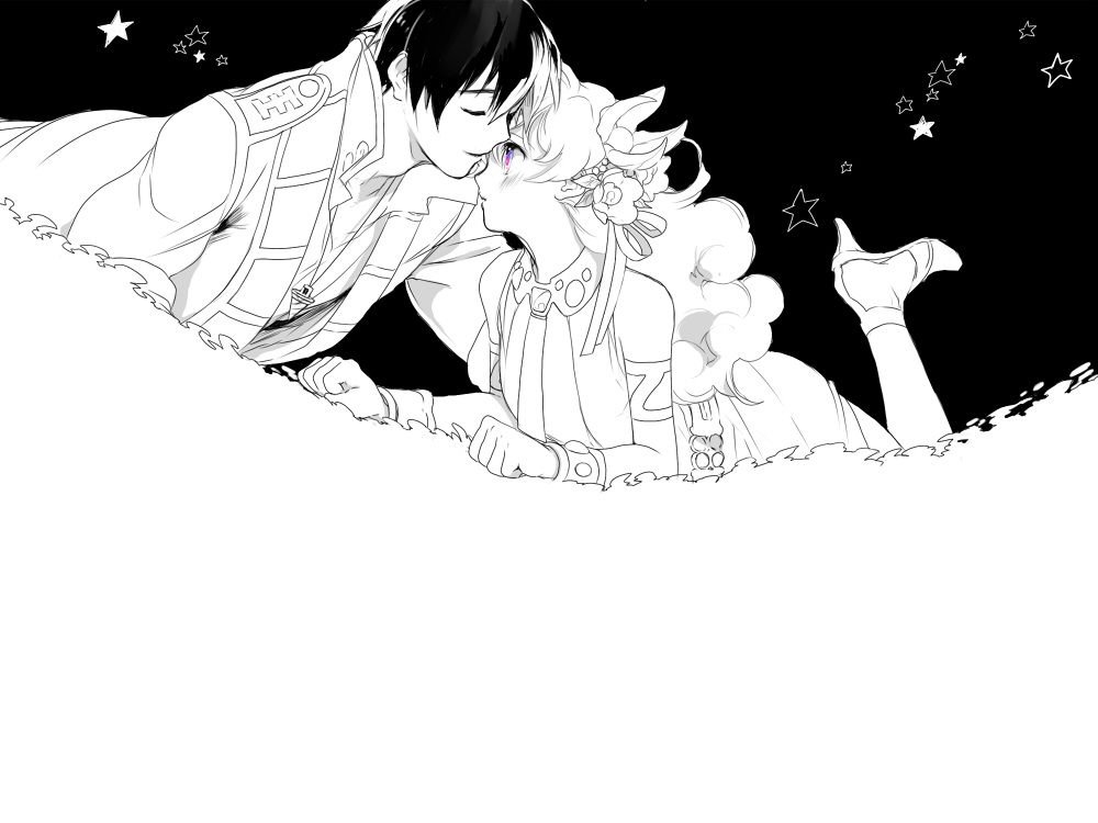 kanke (yonkuma), nia teppelin, simon (ttgl), tengen toppa gurren lagann, 00s, 1boy, 1girl, couple, greyscale, hetero, high heels, jewelry, monochrome, shoes, star (symbol)