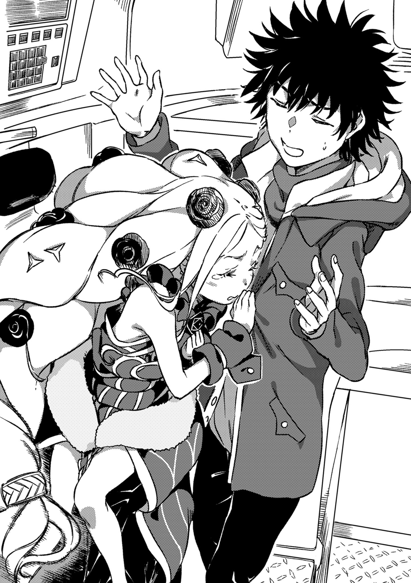 haimura kiyotaka, anna sprengel, kamijou touma, toaru majutsu no index, toaru majutsu no index: new testament, highres, novel illustration, official art, 1boy, 1girl, absurdly long hair, aged down, bare legs, big hair, black leotard, breasts, cleavage, clenched teeth, closed eyes, clothing cutout, coat, covering breasts, covering privates, dress, dress flower, feet out of frame, flower, frills, greyscale, hair flower, hair ornament, halftone dot (medium), hood, jacket, leotard, long hair, monochrome, multicolored leotard, open clothes, open jacket, out of frame, oversized clothes, pants, rose, rosenkreutz, simple background, smile, solo, standing, sweatdrop, tears, teeth, very long hair, waist cape