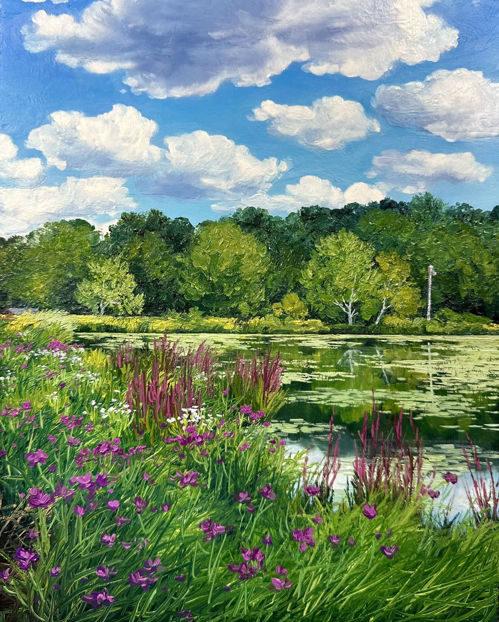 kate avery, original, commentary, english commentary, highres, oil painting (medium), painting (medium), traditional media, blue sky, bush, cloud, day, flower, no humans, outdoors, purple flower, reflection, reflective water, scenery, sky, tree, water