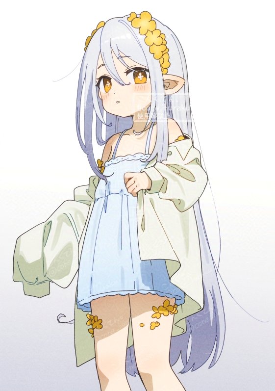 corn kuten, character request, commentary request, copyright request, 1girl, bare shoulders, blue dress, blush, dress, feet out of frame, grey hair, grey jacket, hair between eyes, head wreath, jacket, long hair, looking at viewer, off shoulder, open clothes, open jacket, parted lips, pointy ears, sleeveless, sleeveless dress, solo, standing, symbol-shaped pupils, very long hair, white background, yellow eyes