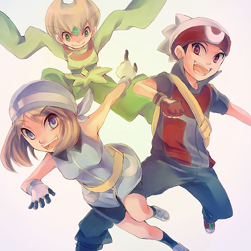 satoshi nai, brendan (pokemon), emerald (pokemon), may (pokemon), nintendo, pokemon, pokemon adventures, lowres, md5 mismatch, resolution mismatch, source larger, 1girl, 2boys, bandana, hat, multiple boys