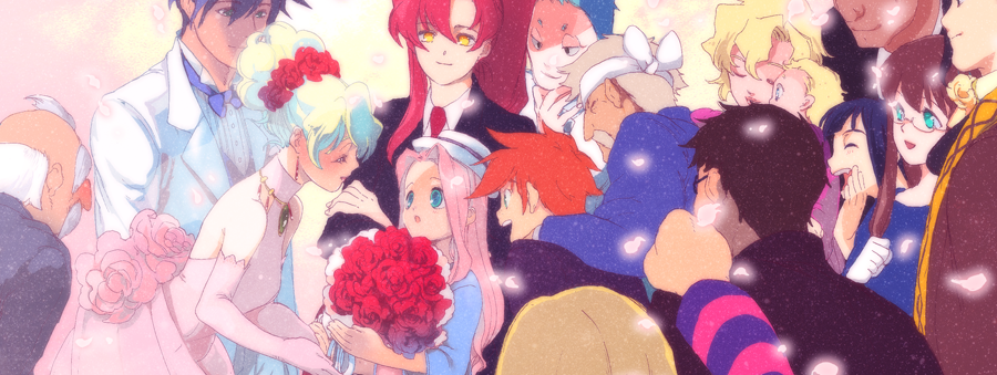 kanke (yonkuma), attenborough cortitch, darry adai, dayakka, gabal docker, gimmy adai, kinon bachika, kiyal bachika, kiyoh bachika, leeron littner, nia teppelin, old coco, rossiu adai, simon (ttgl), tetsukan, yoko littner, tengen toppa gurren lagann, bad id, bad pixiv id, 00s, 6+boys, 6+girls, bouquet, dress, everyone, flower, formal clothes, gloves, hat, multiple boys, multiple girls, smile, suit, tuxedo, wedding, wedding dress