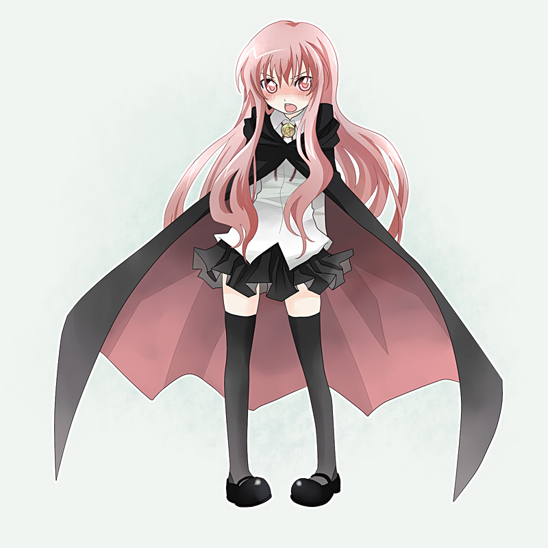 kintaro, louise francoise le blanc de la valliere, zero no tsukaima, bad id, bad pixiv id, 00s, 1girl, cape, female focus, long hair, open mouth, pentacle, pink eyes, pink hair, solo, thighhighs, white background