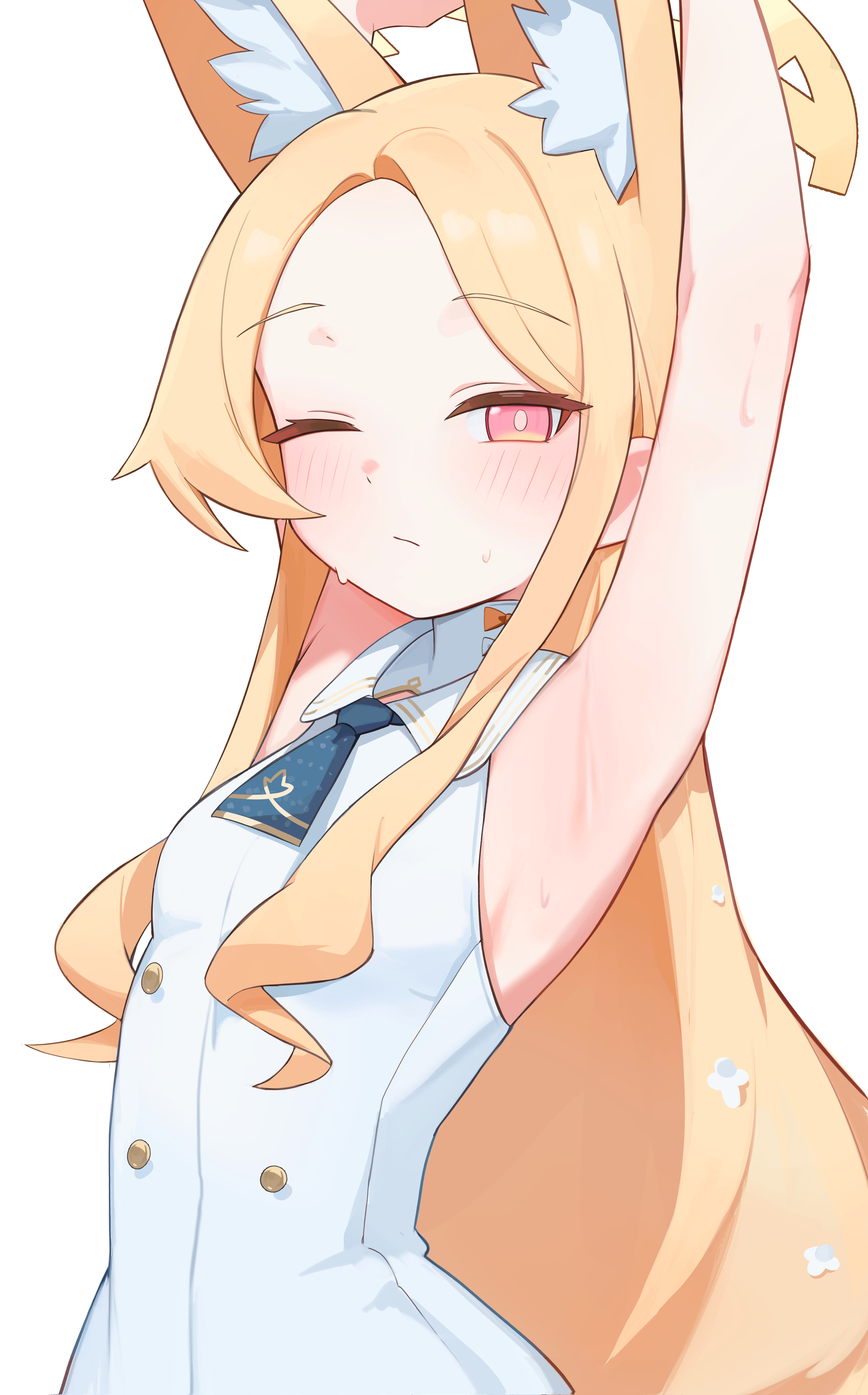 seulpeunna, seia (blue archive), blue archive, absurdres, highres, 1girl, ;/, animal ear fluff, animal ears, armpits, arms up, blonde hair, blush, breasts, collared dress, dress, extra ears, fox ears, fox tail, halo, looking at viewer, presenting armpit, simple background, sleeveless, sleeveless dress, small breasts, solo, sweat, tail, white background, white dress