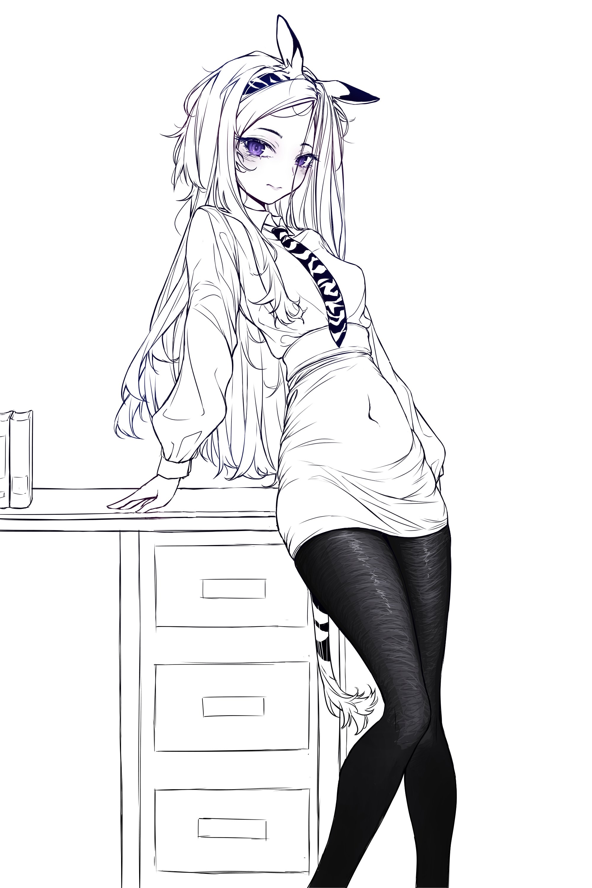 ricinus, heavyrain (arknights), arknights, absurdres, highres, 1girl, alternate costume, animal ears, animal print, breasts, covered navel, desk, dress, greyscale, hairband, leaning back, long hair, long sleeves, looking at viewer, monochrome, office lady, pantyhose, purple eyes, small breasts, solo, spot color, zebra ears, zebra girl, zebra print, zebra tail